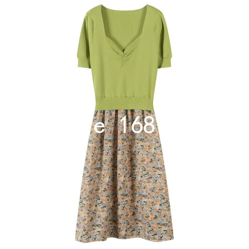 

2020 summer women floral printed chiffon patchwork knitted dress designer Korean fashion square collar midi dresses JC503