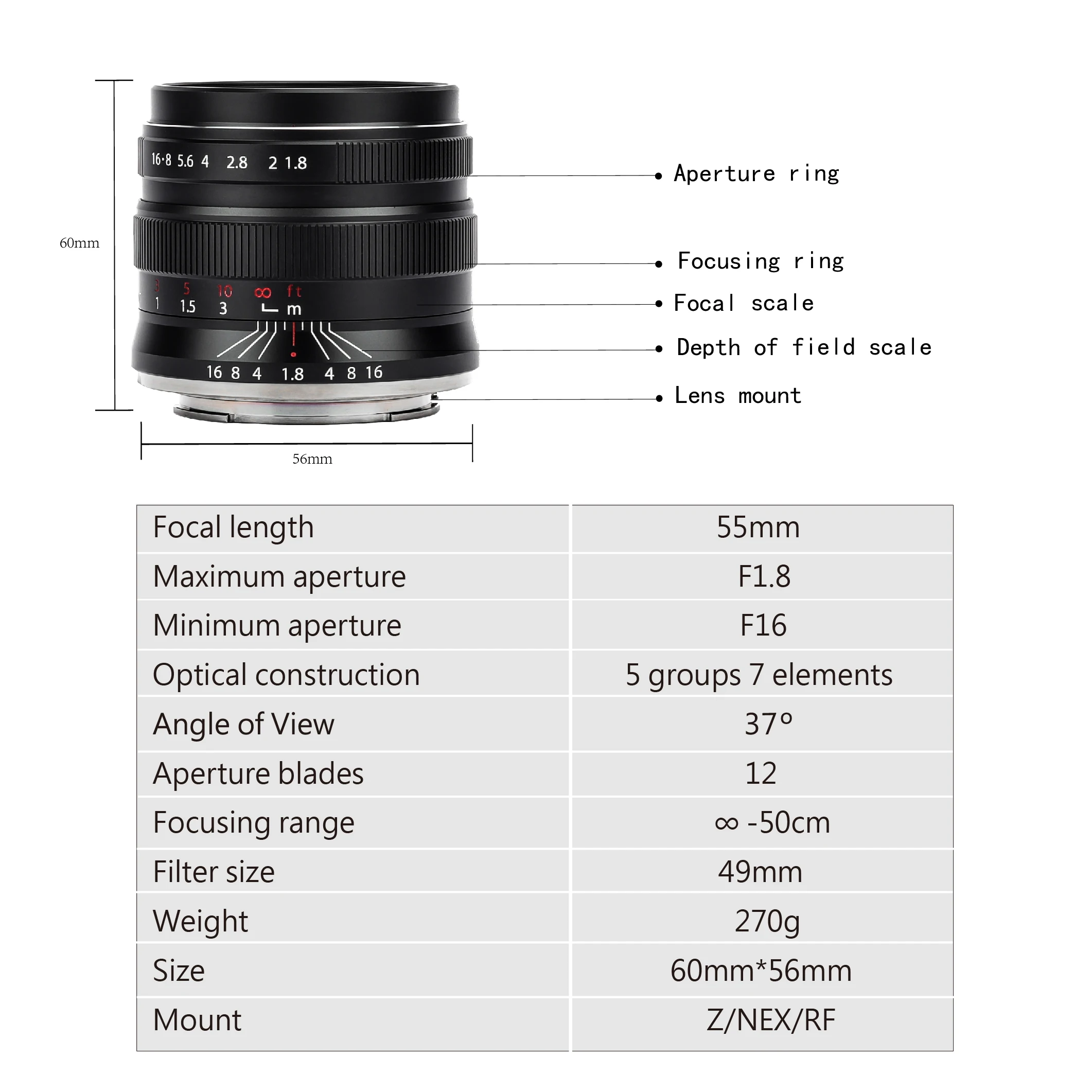 Светлая звезда 55 мм F1.8 полная рамка Большая диафрагма ручная фокусировка Прайм