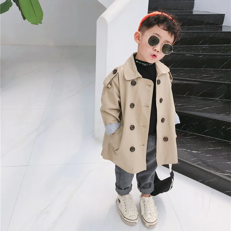 Spring Fall New Boys Girls Solid Color Casual Trench Coat Children Fashion Mid-Length Windbreaker Kids Turn-down Collar Clothes