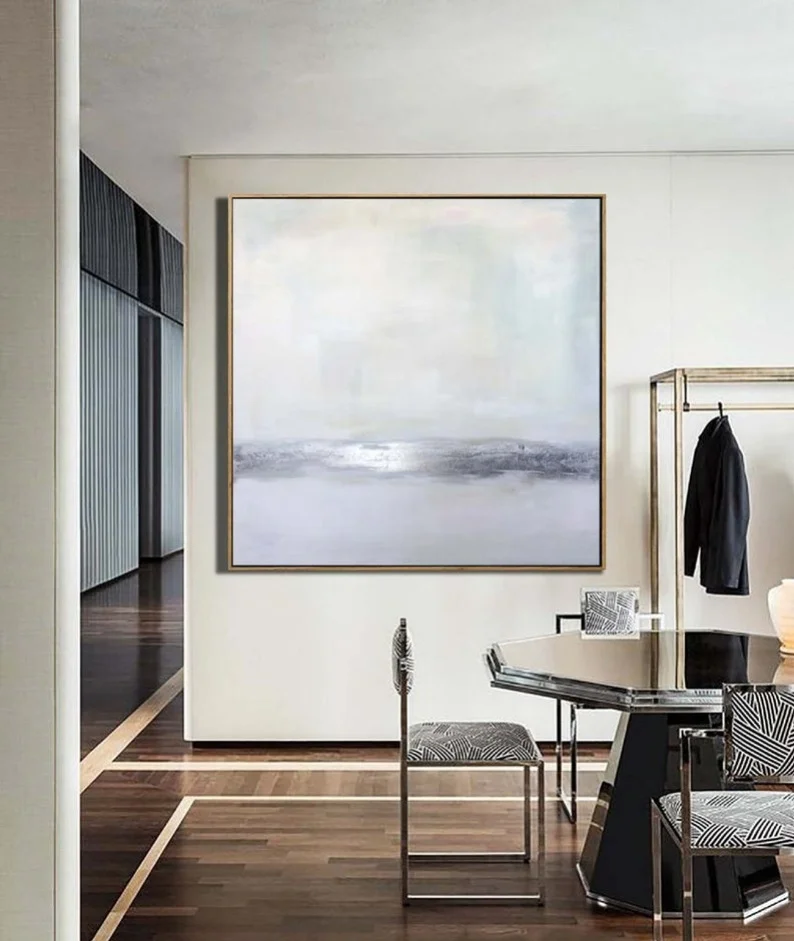 Абстрактная большая серая картина с серебряными листьями бежевая Современная