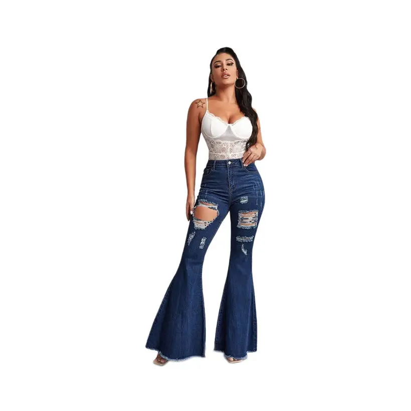 

Women Ripped Flare Denim Pants Elegant Bellbottom Cut Out Hole Jeans Trousers Street Lady Pants 2021 New
