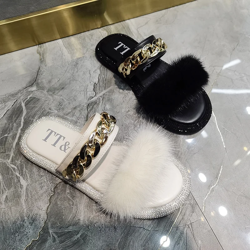 

2021 New Summer Ladies Indoor Slippers 100% Mink Fur Slippers Soft Fluffy Plush Slippers Women's Casual Sandals And Slippers