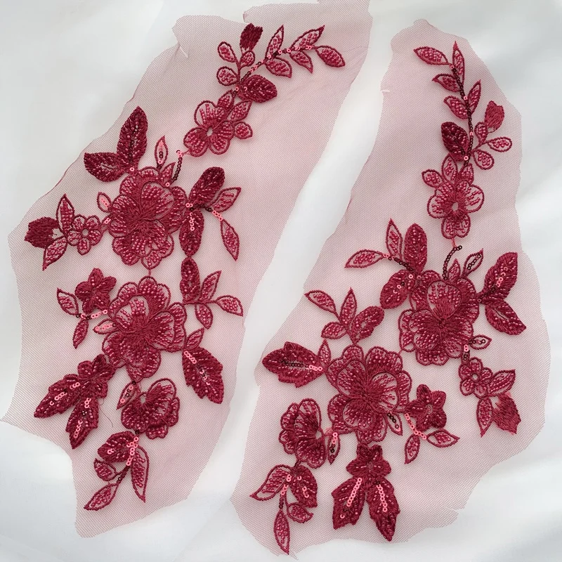 

4Pieces Dark Red Sewing Fabric Applique Embroidery Patches Beads Flower Clothes Accessories DIY Handmade DIY Wedding Dress