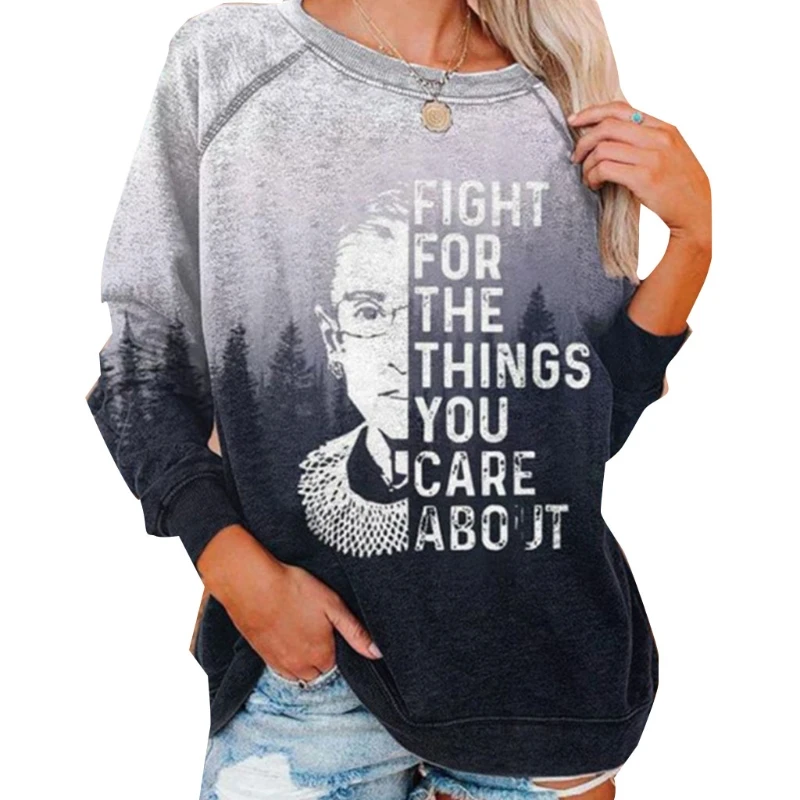 

Women Raglan Long Sleeve O-Neck Sweatshirt Fight for The Things Quote Letters Print Pullover Tops Gradient Forest Pattern BX0A