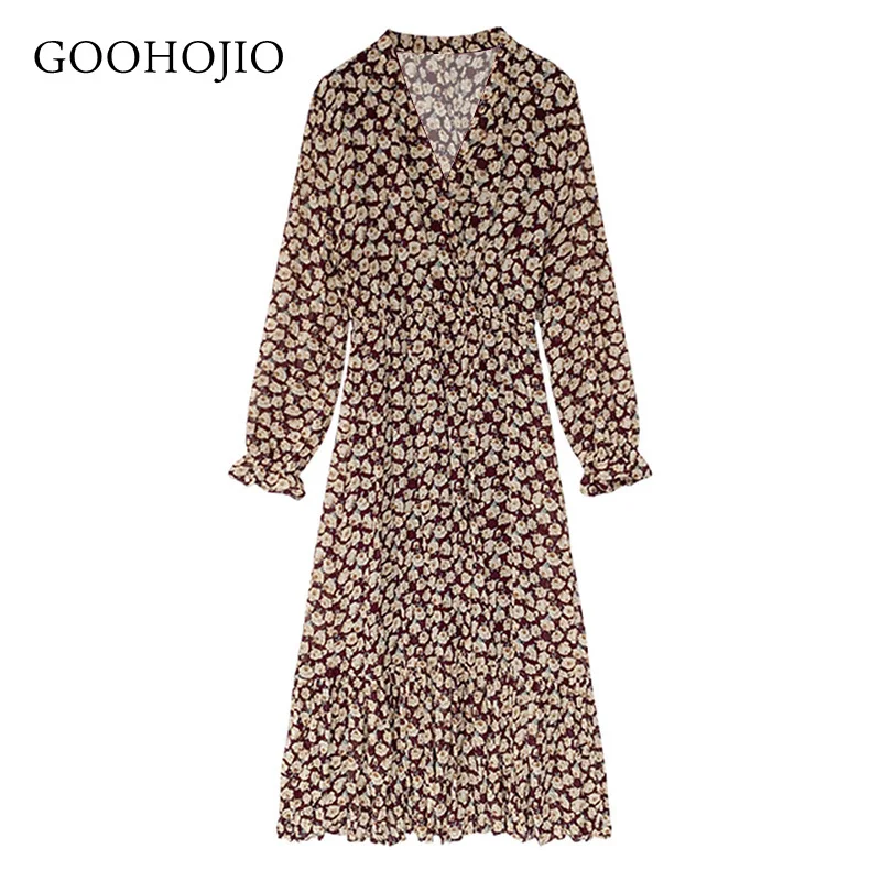 

GOOHOJIO 2021 Spring and Autumn Retro Long Sleeve Vintage Women Dresses Temperament Dress Women Floral Chic Dress for Ladies