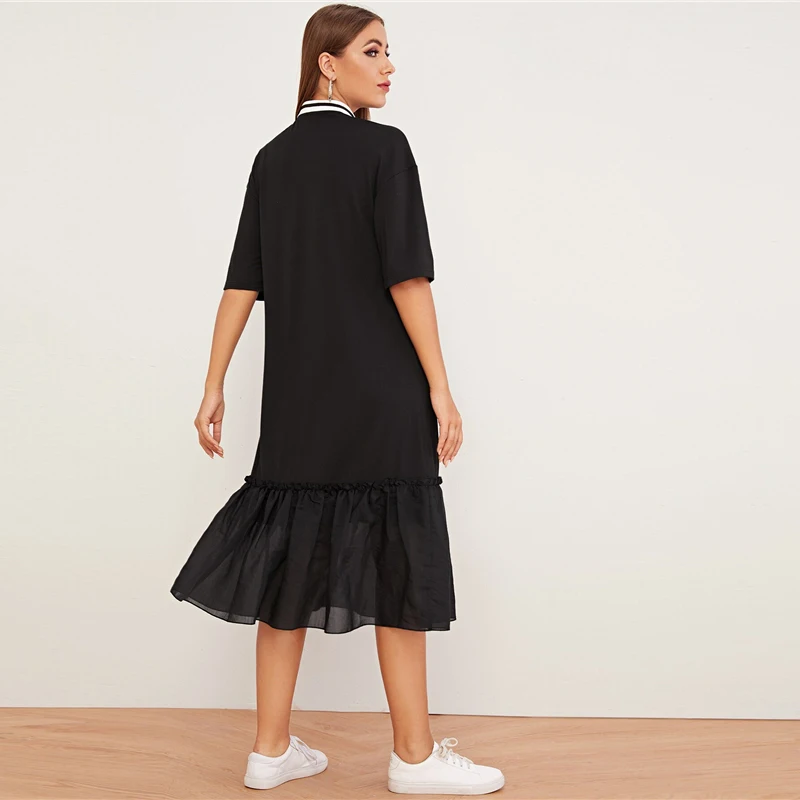 SHEIN/Черное Платье-туника с открытыми плечами и рюшами, женская осенняя одежда с заниженной талией и отложным воротником, повседневные Прямые однотонные платья