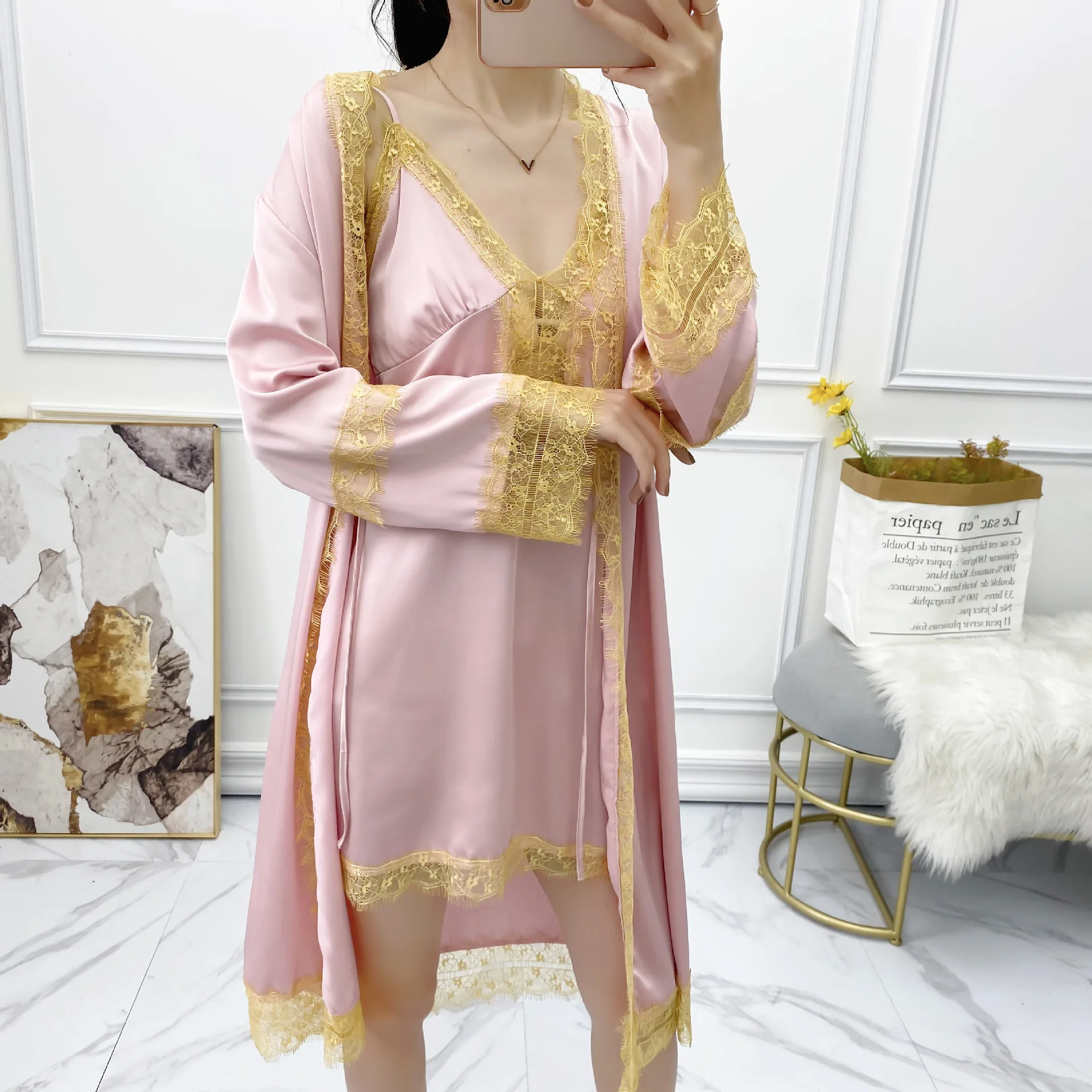 

Невесты или подружки невесты, свадебное платье и платье-рубашка, одежда для сна, платья из сатина с кружевами и отделкой халат кимоно платье ...