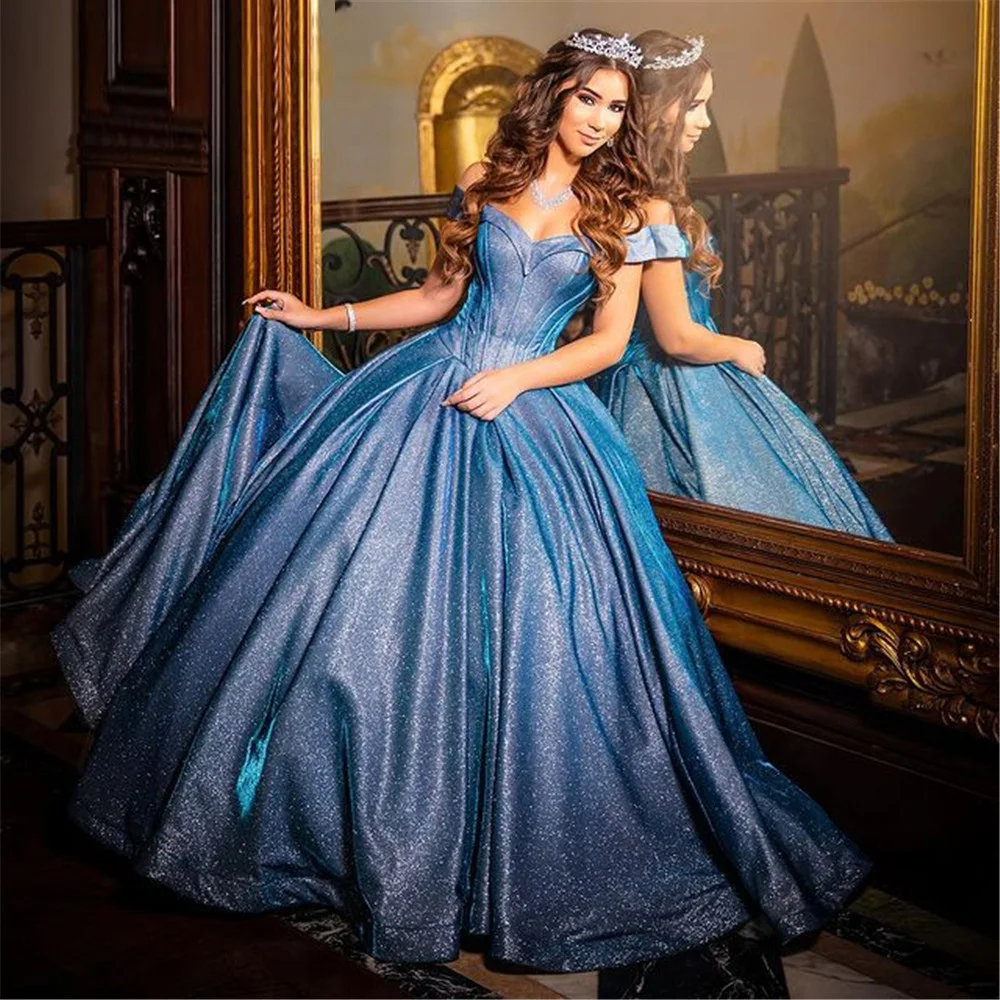 

Sparkly Blue Ball Gown Quinceanera Dress 2022 Long Prom Dress V Neck Off Shoulder Princess Birthday Party Formal Wear Pageant