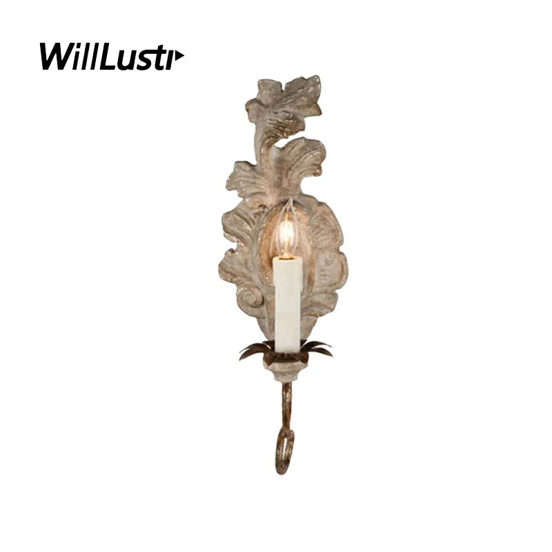 

Classical French Candle Wall Lamp Retro Wood Iron Resin Sconce Hotel Corridor Aisle Living Room Bedside Creative Art Deco Light