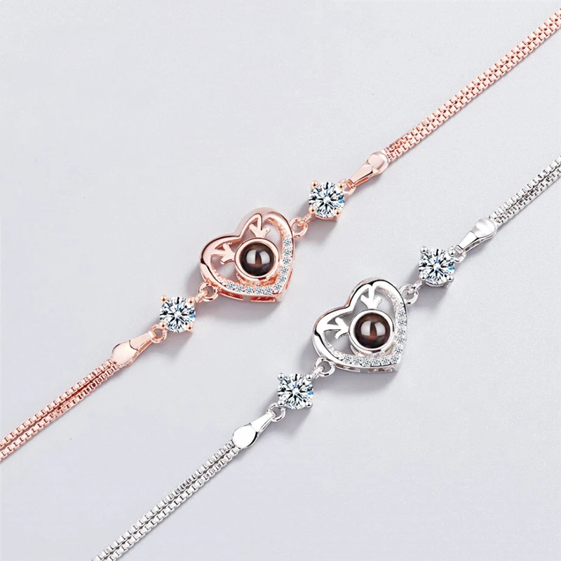 

Sole Memory 100 Languages I Love You Hot Projection Visible Heart Silver Color Female Resizable Bracelets SBR206