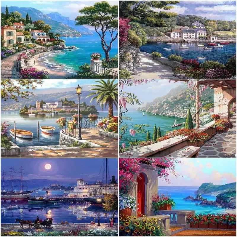 

GATYZTORY Diy Painting By Numbers Mediterranean Sea Landscape Picture By Number On Canvas Home Decoration Wall Artwork
