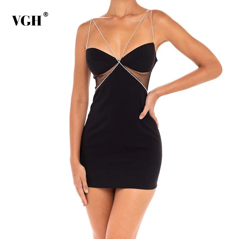 

Женское Сетчатое платье на бретельках VGH, черное облегающее мини-платье без рукавов с V-образным вырезом и высокой талией, лето 2021