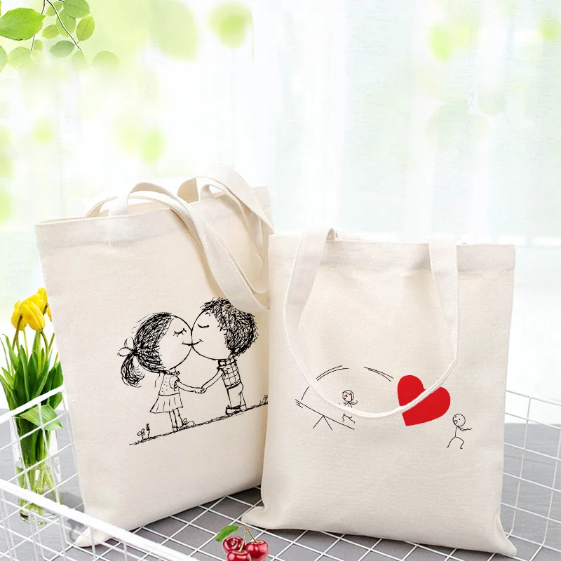 Пара серия иллюстрации Повседневная Холщовая Сумка на заказ Печать логотипа