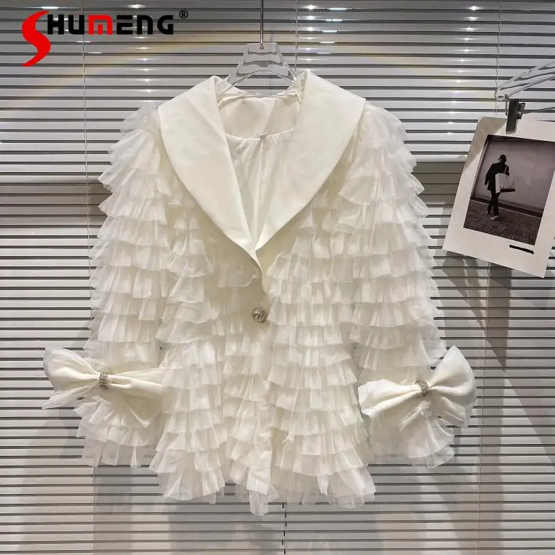 

2021 Autumn New Elegant Bow Buckle Multi-Layer Mesh Fairy Short Jacket Women's Fashion Solid Color Streetwear Outerwear&coats