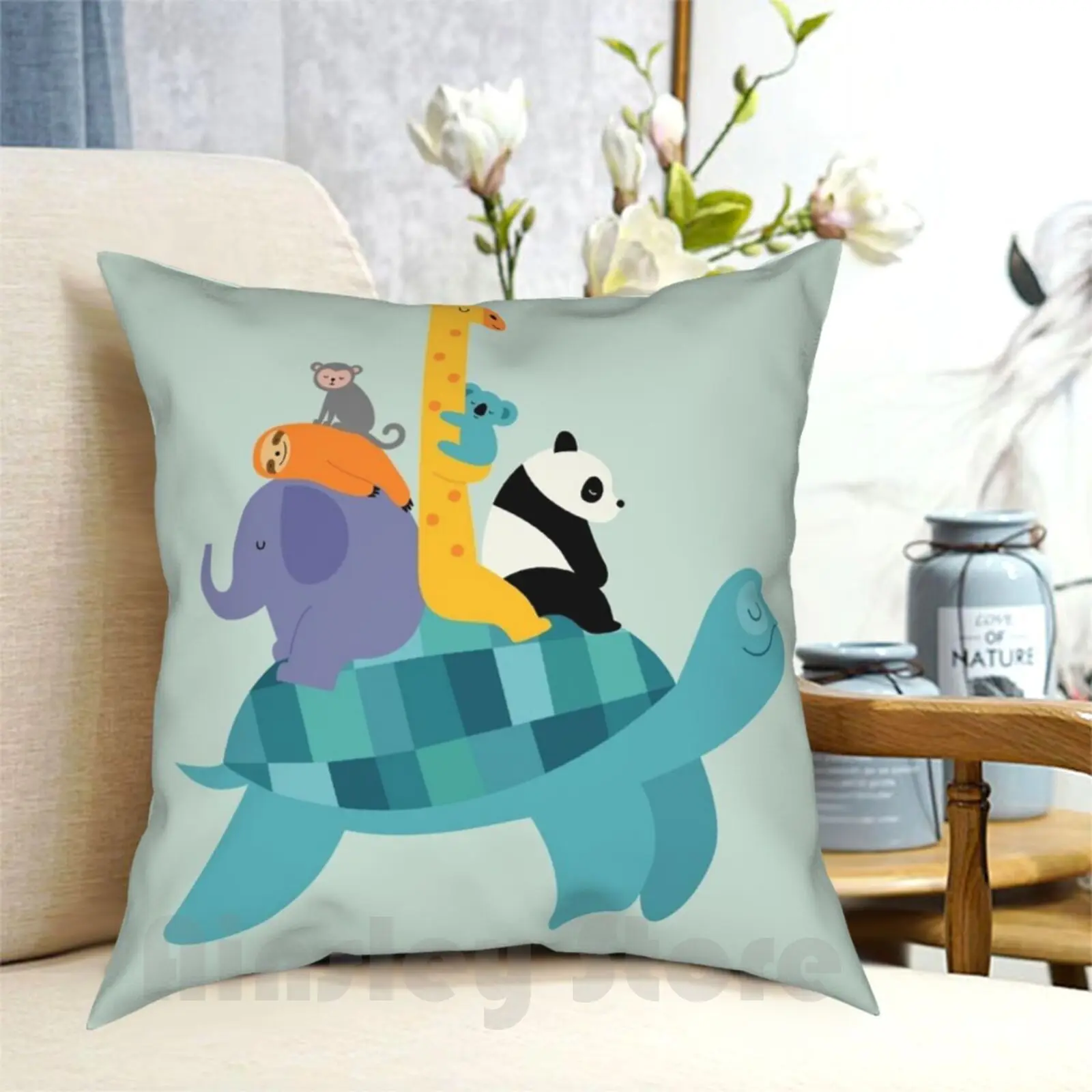 

Travel Together Pillow Case Printed Home Soft Throw Pillow Giraffe Elephant Sloth Monkey Koala Panda Animals Friends