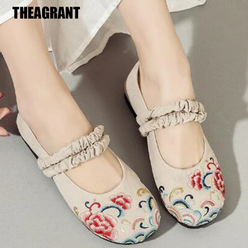 

THEAGRANT 2019 в винтажном стиле; Сезон весна-осень женская обувь с цветочной вышивкой удобные льняные туфли на плоской подошве; Женские лоферы в р...