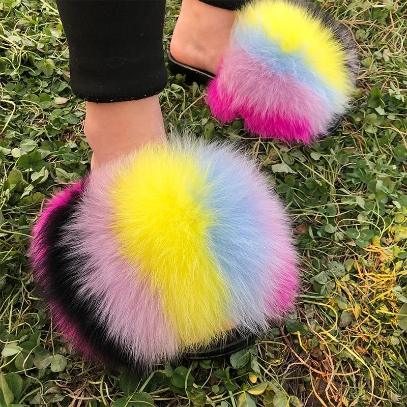 

Summer Women Fox Fur Slippers Real Fur Slides Female Indoor Flip Flops Casual Raccoon Fur Sandals Fluffy Plush Shoes Wholesale