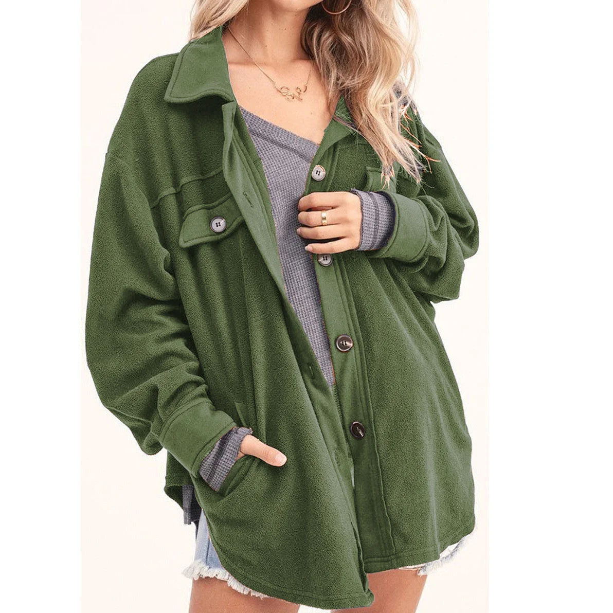 

Women's Autumn And Winter Lapel Fleece Button Cardigan Coat Shirt