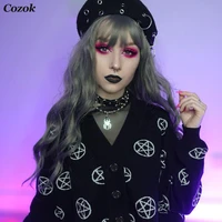 cozok gothic black knitted cardigan women fairy grunge oversized sweater cardigan y2k pentagram print long sleeve autumn coats
