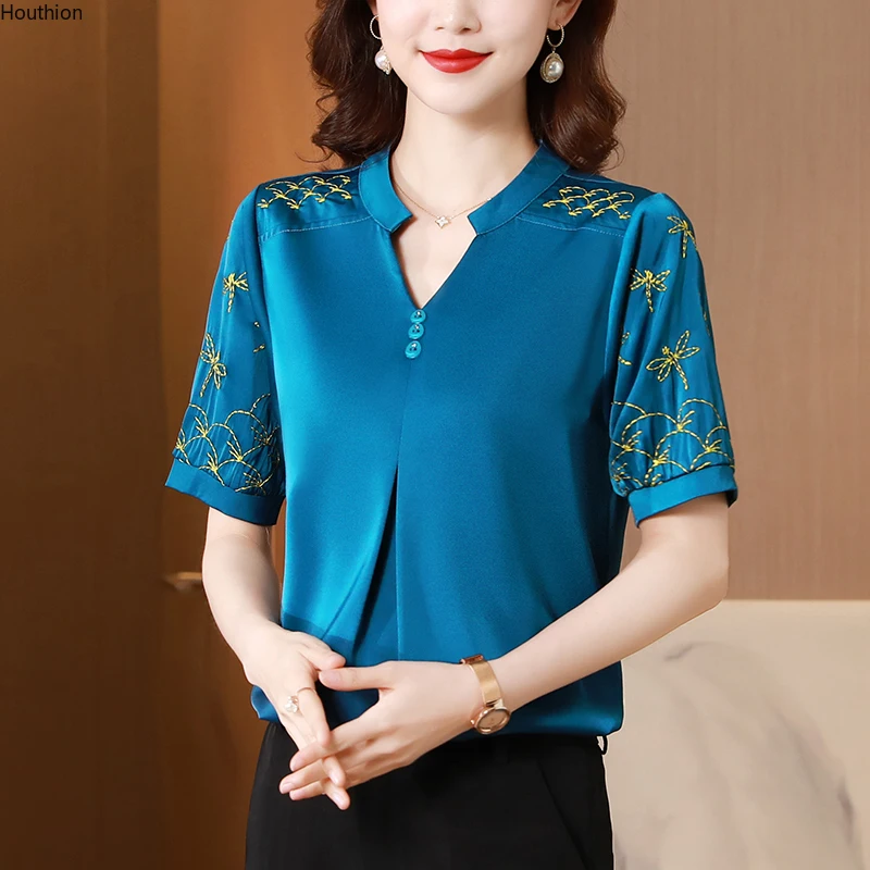 

Women's Blouse Satin Shirts Embroidery Top V-neck Shirt Simple Tops Short Sleeve Fashion Blouses Casual Dropshipping