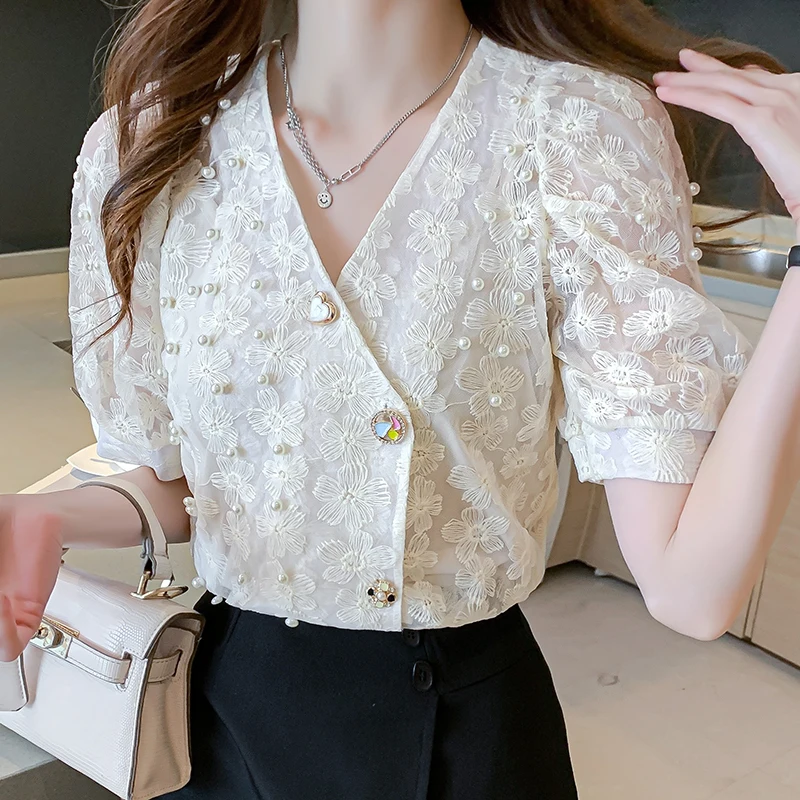 Женская кружевная рубашка с вышивкой QOERLIN свободная повседневная однобортная