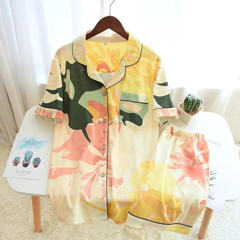 Summer Women Pajamas Set  Knit Cotton Short Sleeve Sleepwear with Shorts Thin Loose Women's Fashion Cardigan Casual Home Wear