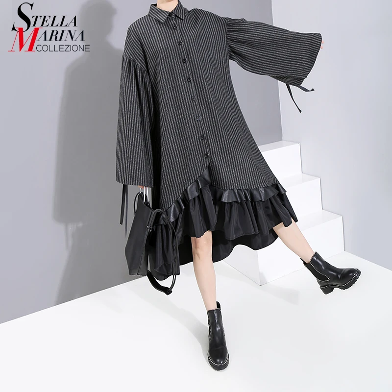 Женское платье в черную полоску повседневное черное с длинным рукавом и отложным