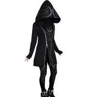 gothic punk women hooded double zipper casual black hoodies slim fit female dark sweatshirt goth outdoors clothes hoody
