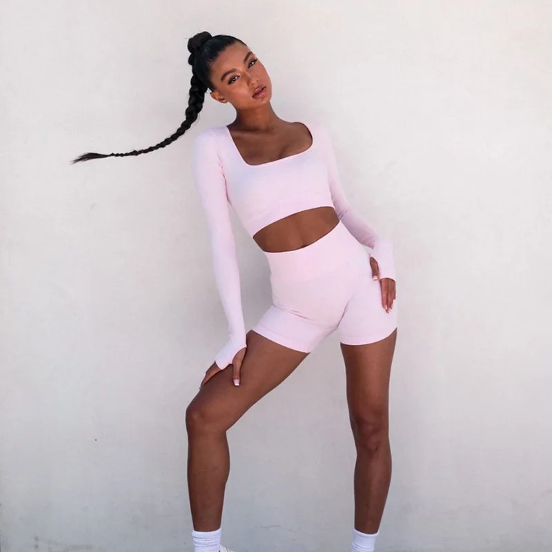 

Seamless 2 Piece Set Women Long Sleeve Crop Top Solid Color High Waist Tight Shorts Sports Running Workout Yoga Fitness Gym Suit