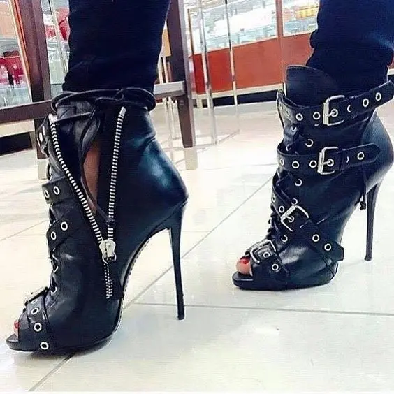 

Solid color sexy multi buckle rivet fashion cross strap BOOTS SANDALS