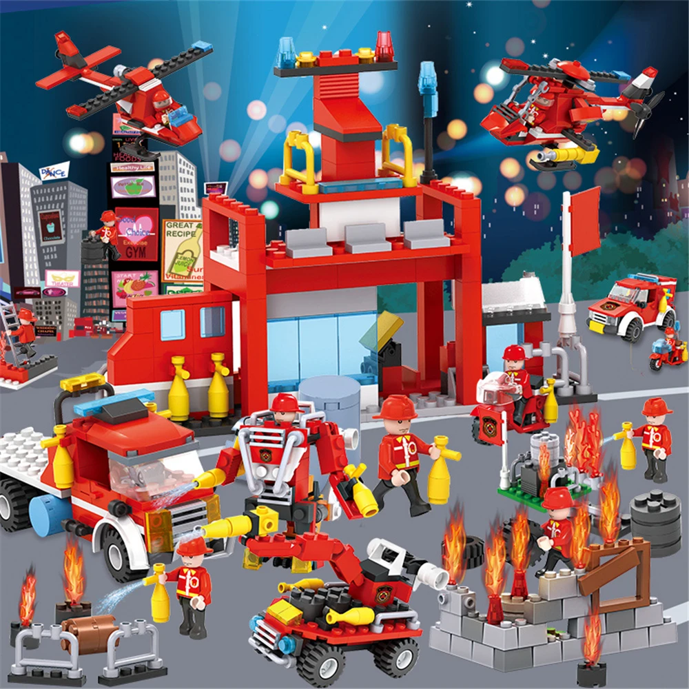 Пожарная машина строительные блоки кирпичи игрушки самолет мальчик игрушка