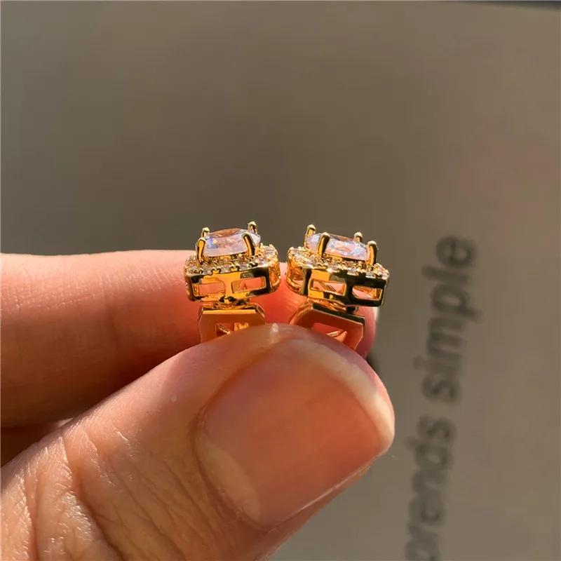 

Dainty Female White Round Crystal Jewelry Charm Gold Color Small Stud Earrings For Women Vintage Bride Square Wedding Earrings