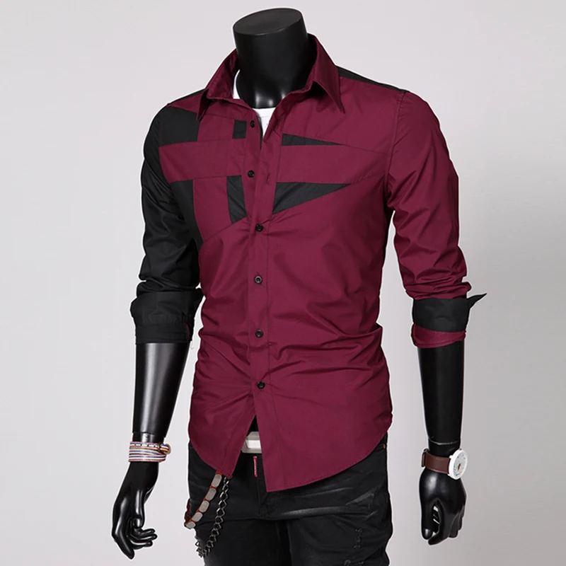 

2021 New Men's Fashion Boutique Splicing Men's Casual Long-sleeved Shirt Contrast Stitching Performance Stage Shirt