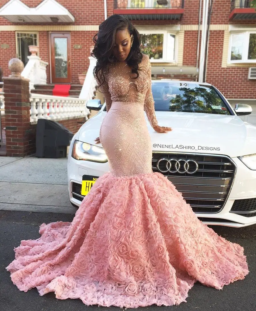Luxury Pink Mermaid Prom Dresses Sheer Beading Long Sleeves Evening Gowns robe de soiree
