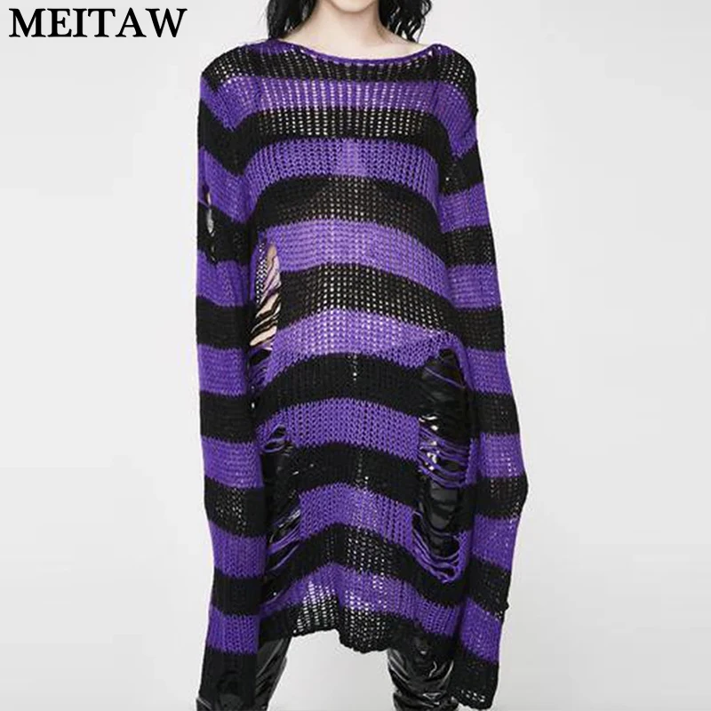 Женский свитер в полоску Свободный Длинный стиле хип-хоп готическом Осень-зима |