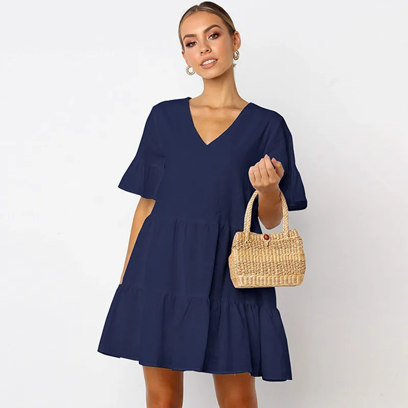 

Summer flare short sleeve cotton dress Solid white yellow blue pink red sukienka Casual v-neck mini A-line pleated dress