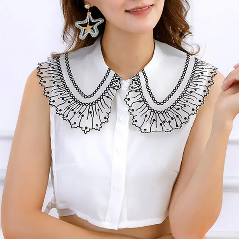 

Women Blouse Sweater Decorative Lapel Fake Collar Polka Dot Embroidery Lace Chiffon Detachable Half Shirt Tie Button Apparel