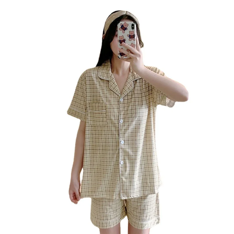 

Marple summer short-sleeved shorts lapel cardigan pajamas female Korean sweet student plaid home suit