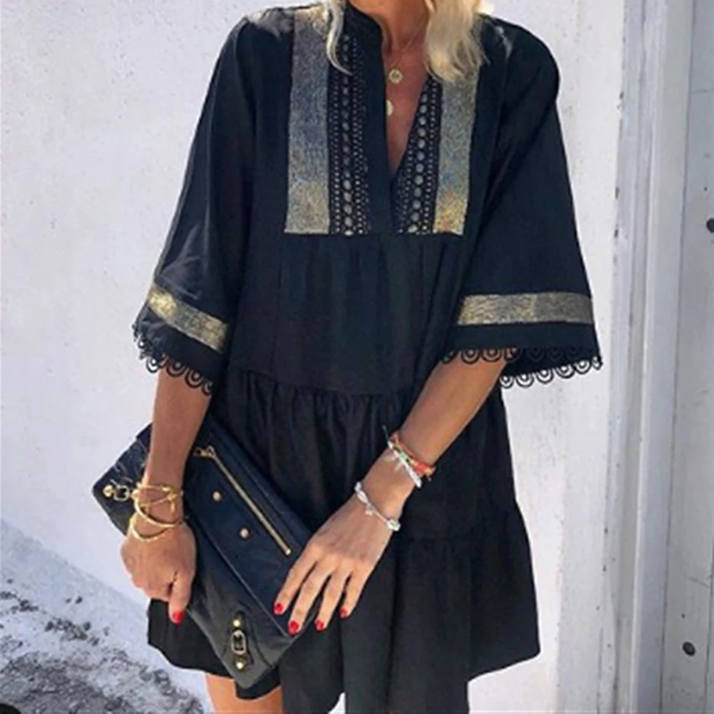 

Tassel Cuffs Women's Dress Summer Boho Half Sleeve Sexy V Neck Patchwork Dresses 2021 Lady Vintage Ruched Ruffles A Line Dress