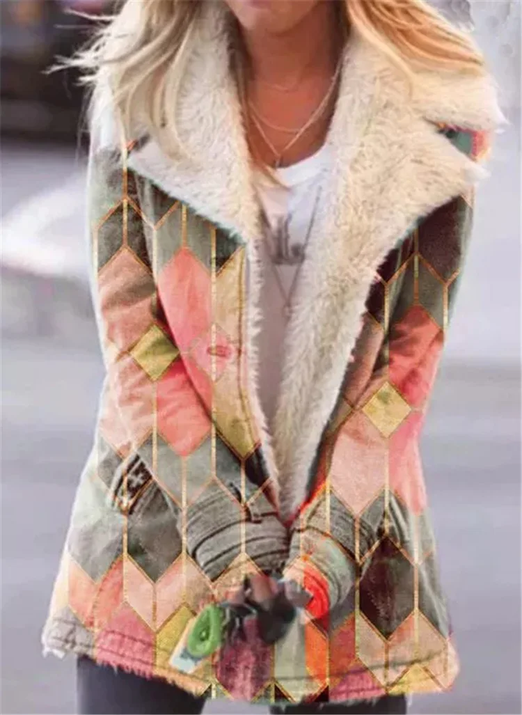 

Lapel printed single breasted long sleeve Plush coat cotton coat women's new winter warm and cold proof medium and long jacket