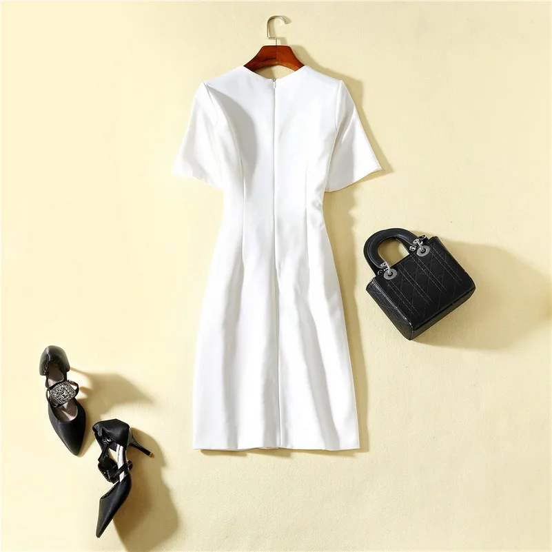 

Elegant Work Dress 2020 Spring Summer Style Women O-Neck Bow Belt Patchwork Short Sleeve Split Sexy Short Sleeve Dress White