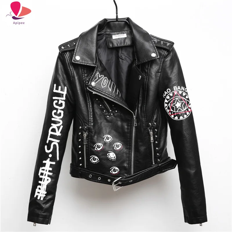 

Word Print Fashion Women Smooth Motorcycle Faux Leather Jackets Ladies Long Sleeve Autumn Winter Biker Streetwear Black Coat