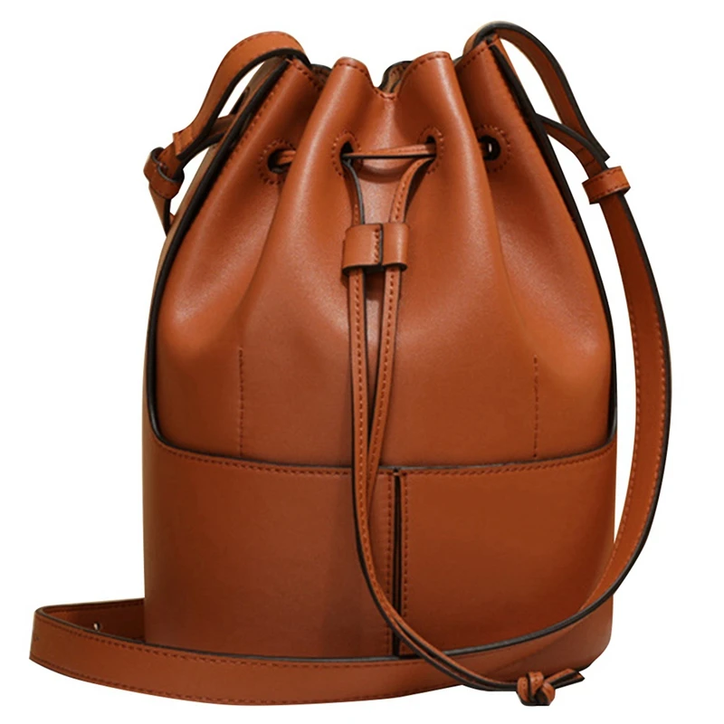

2Pcs Leather Ladies Bucket Bag Women Handbag Anti-Theft Drawstring Designer Ladies Travel Bag-Brown & Caramel Color
