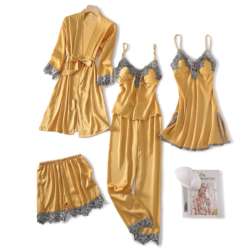 

Sexy Satin Kimono Gown Bathrobe Silky Women Nightwear Casual Intimate Lingerie Nightdress 2021 New 5PCS Pajamas Set Sleepwear