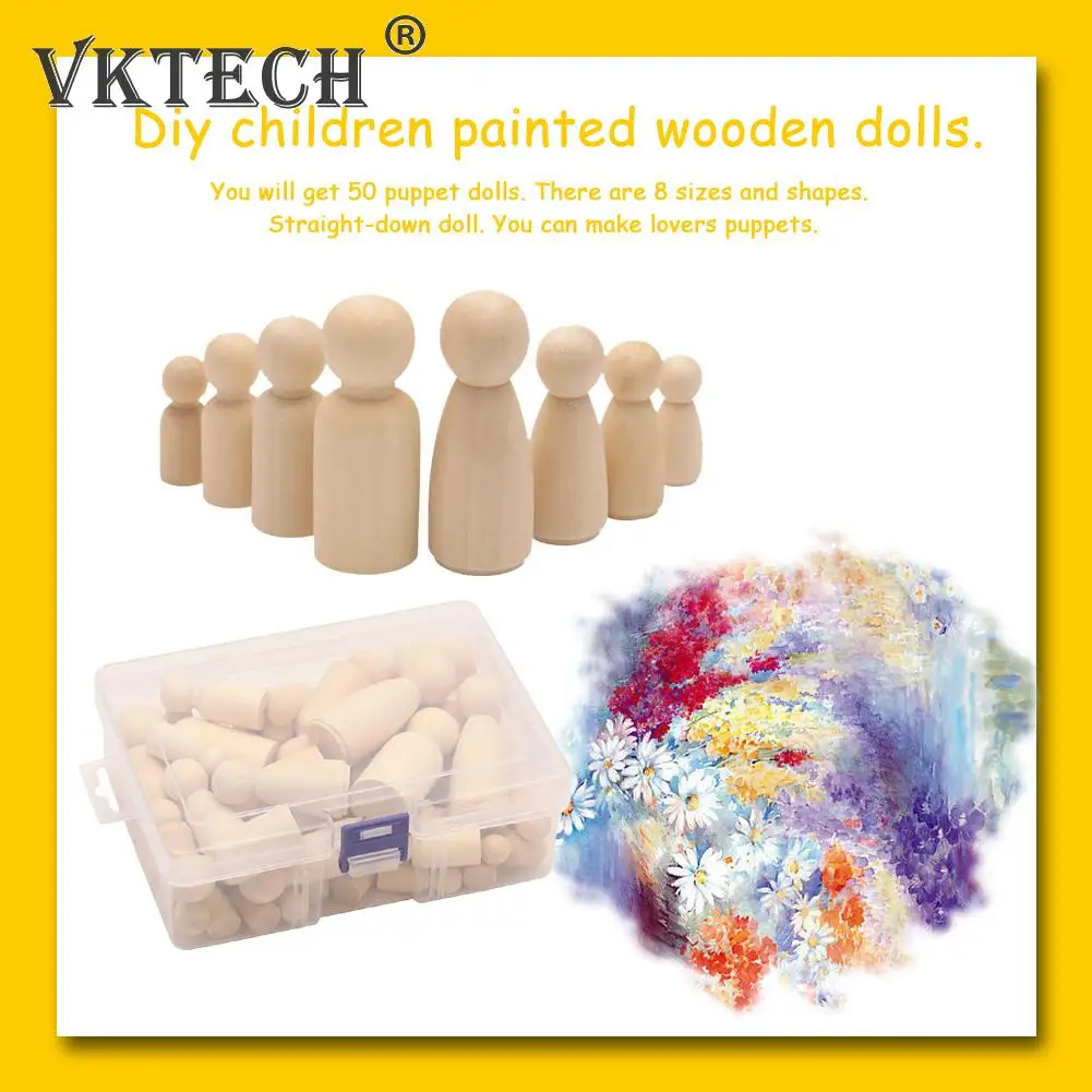 50pcs Painted Wooden Peg Dolls Painting Unfinished Blank DIY Doll People Arts Crafts Decoration for Children Boys Toys - купить по