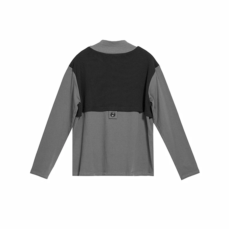 

Patchwork Fake Two Piece T-Shirt Women New Stand Collar Long Sleeve Loose Casual Tshirt Tops Fashion Clothes Spring Autumn 2021