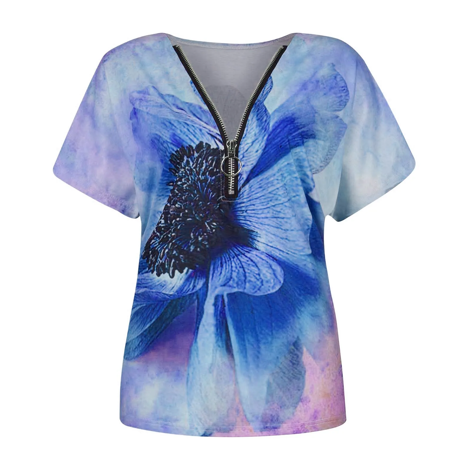 

Summer Retro Flower Print V Neck Tshirt Loose Zipper Short Sleeve T-shirt Female Casual Plus Size Shirt Fashion Women's Tops
