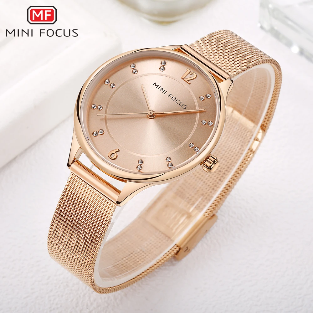 

MINI FOCUS Fashion Rose Gold Elegant Quartz Women Watches Top Brand Luxury Mesh Strap Crystal Dress Chic Ladies Wrist Watch