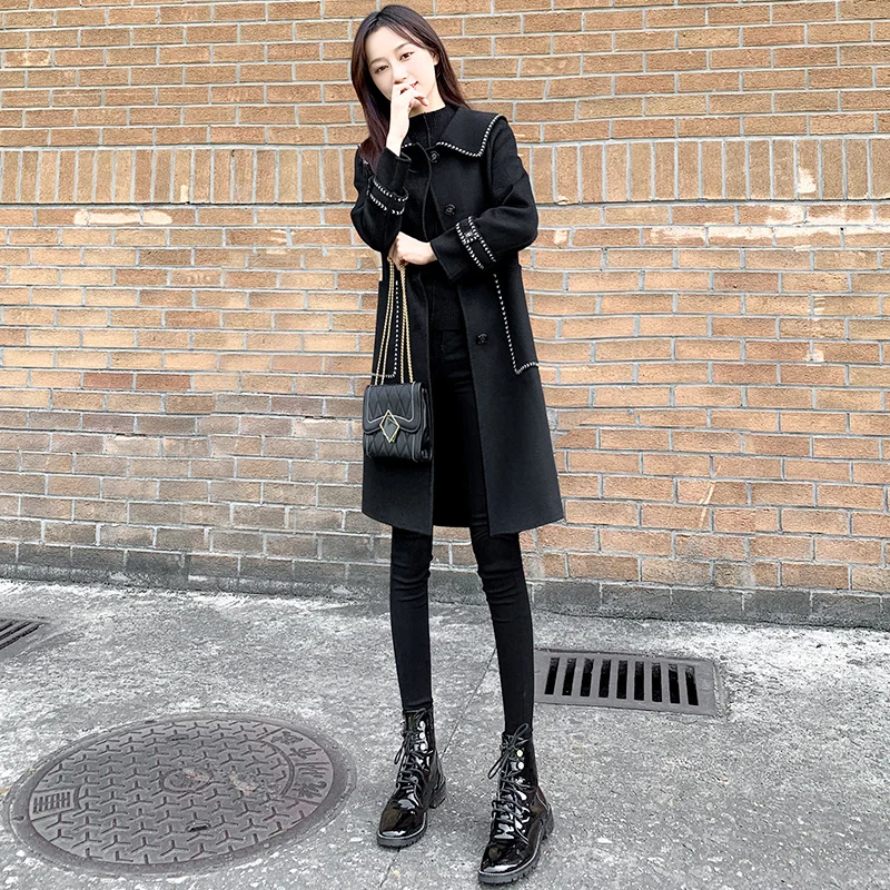 

2021 New Autumn Winter Women's Wool Coats Vintage Loose Female Blend Coats Plus Size Trendy Lady Long Black Pocket Outerwear