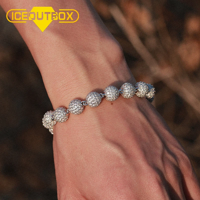 

ICEOUTBOX Fashion Luxury 10mm Link Chain Bracelet For Men Round Ball Cubic Zircon Bling Rhinestone Bracelet Hip Hop Jewlery Gift